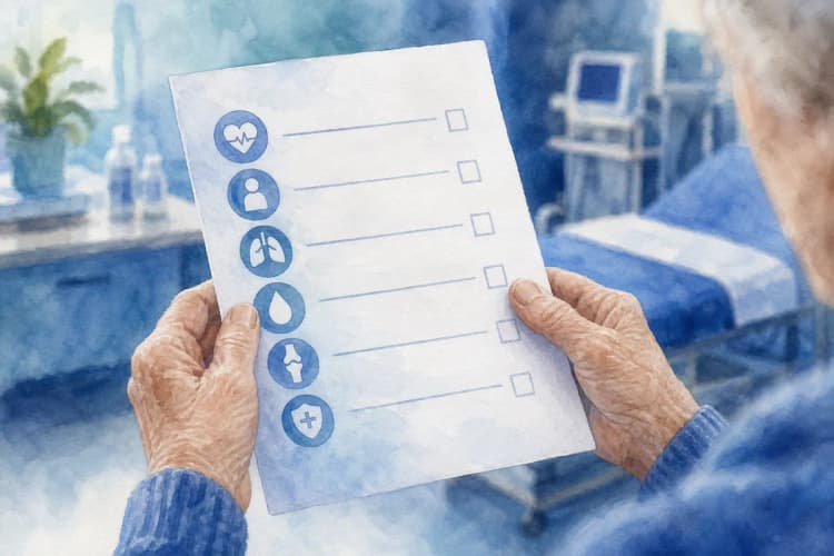Uma pessoa idosa com uma lista de verificação de saúde em suas mãos.