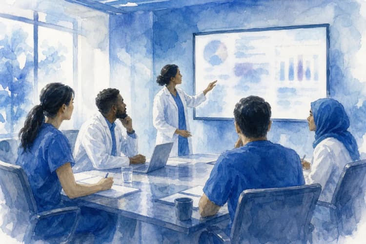 Uma equipe médica discutindo um plano de tratamento em uma sala de conferências.