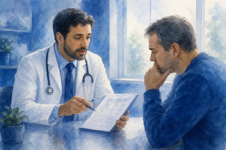 Um médico explicando resultados de exames para um paciente preocupado.