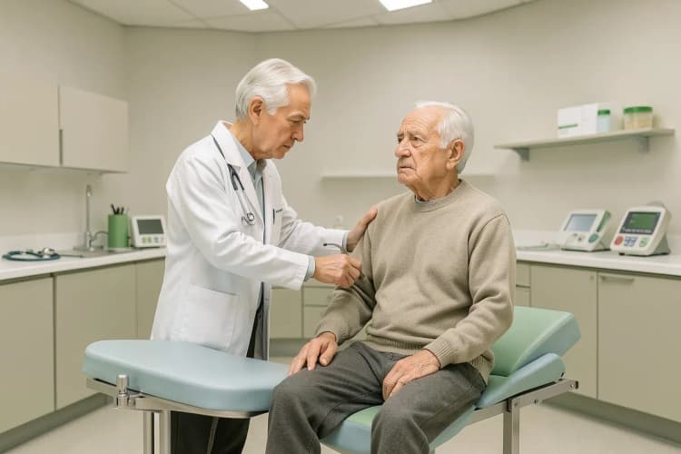 Um médico examinando um homem mais velho em um consultório médico.