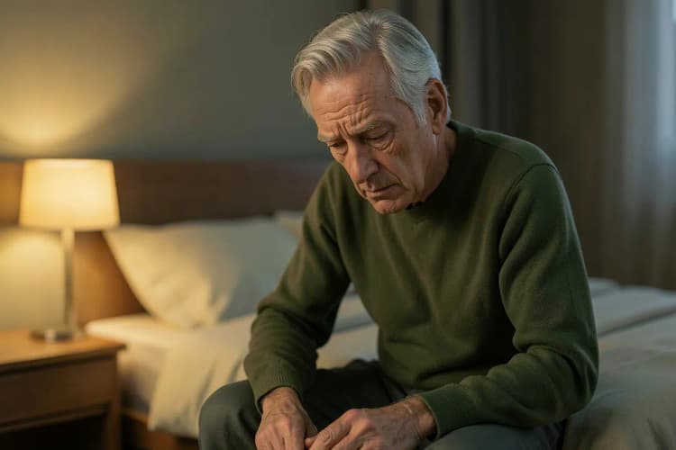 Um homem mais velho sentado em uma cama, olhando para baixo com uma expressão preocupada.