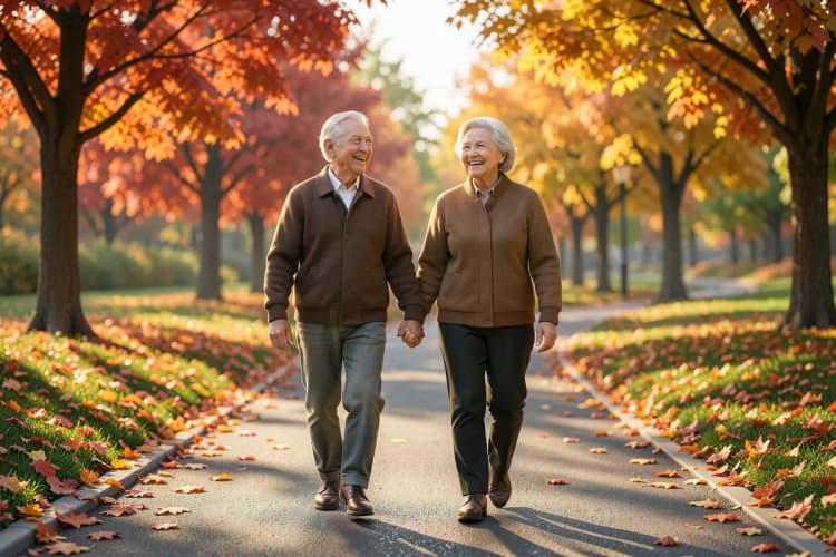 Um casal mais velho de mãos dadas, caminhando em um parque.