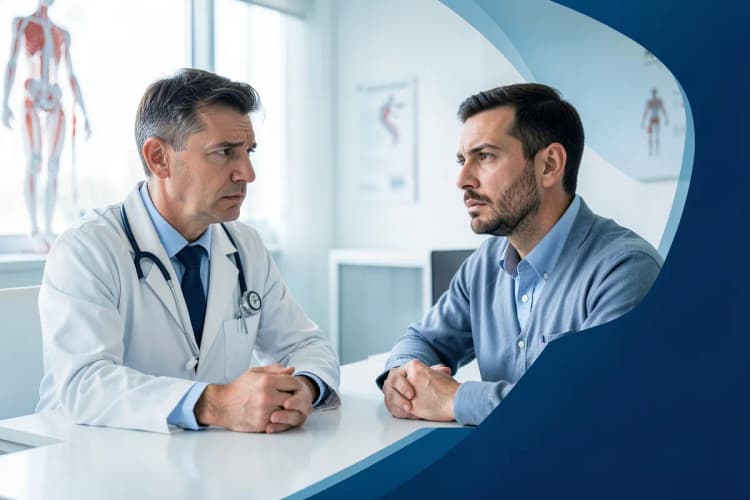 Médico conversando com paciente homem em um consultório, ambos com expressões sérias.