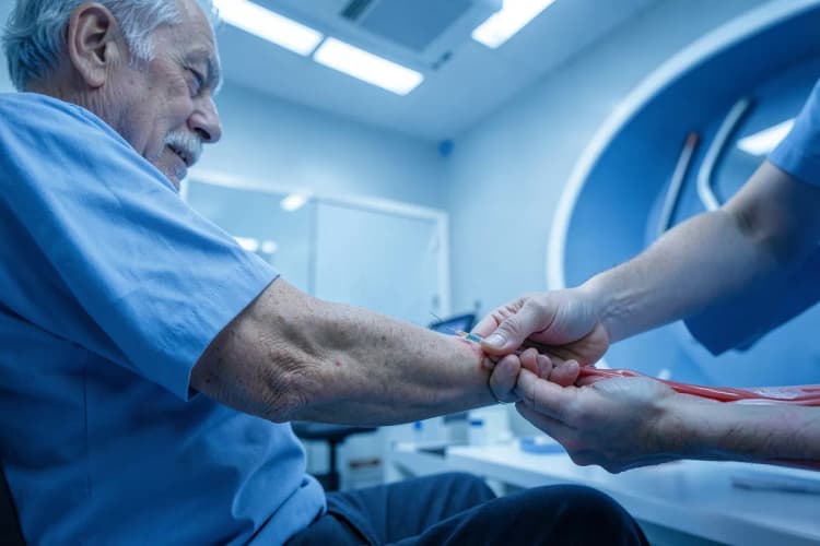 Homem mais velho fazendo exame de sangue em laboratório.