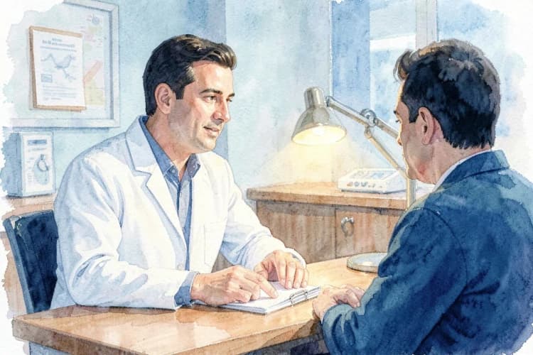 Um médico urologista conversando com um paciente em seu consultório.