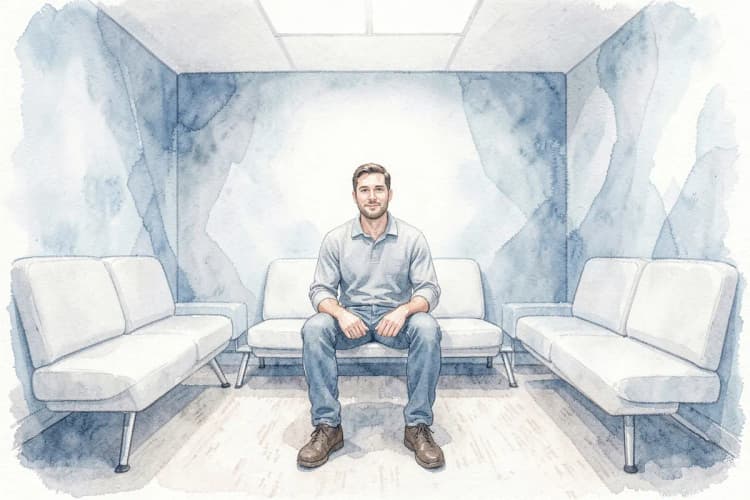 Um paciente sentado em uma sala de espera de clínica médica.