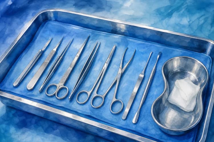 Instrumentos cirúrgicos sobre uma bandeja esterilizada, prontos para um procedimento de frenuloplastia.