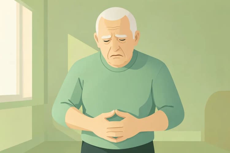 Homem mais velho com expressão de desconforto urinário, segurando a parte inferior do abdômen.
