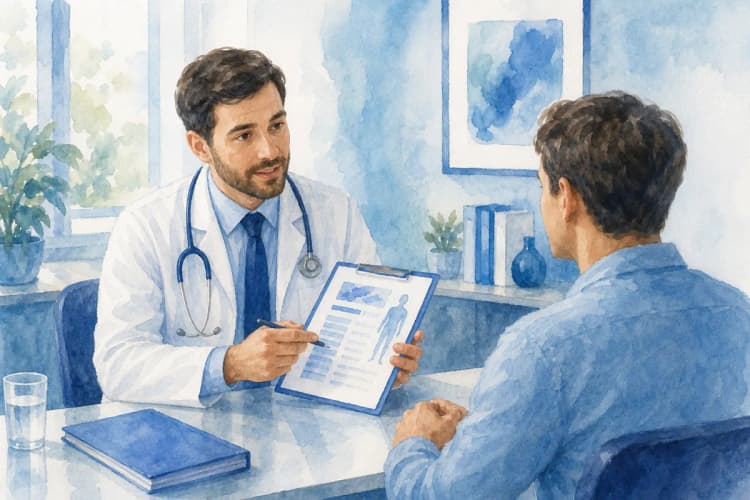 Médico conversando com paciente em consultório, com um prontuário na mão.