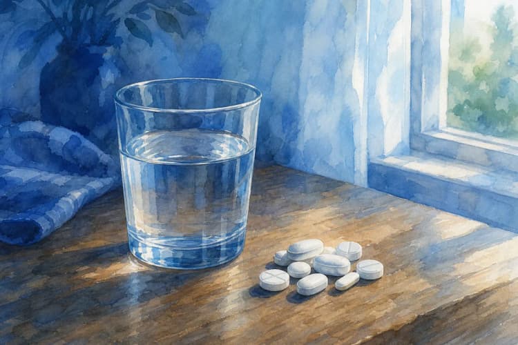 Pílulas e um copo d'água sobre uma mesa.