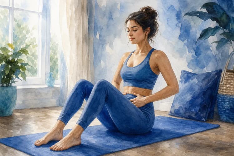 Mulher fazendo exercícios de Kegel em casa.