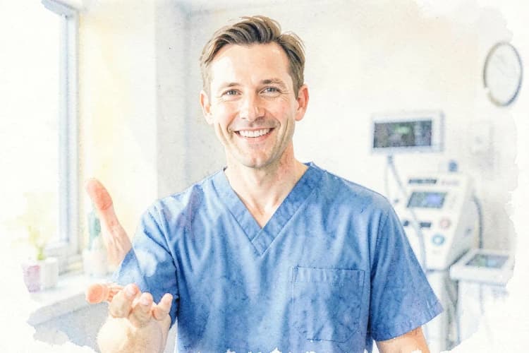 Dr. Ruston Louback sorrindo e gesticulando em direção à câmera em seu consultório