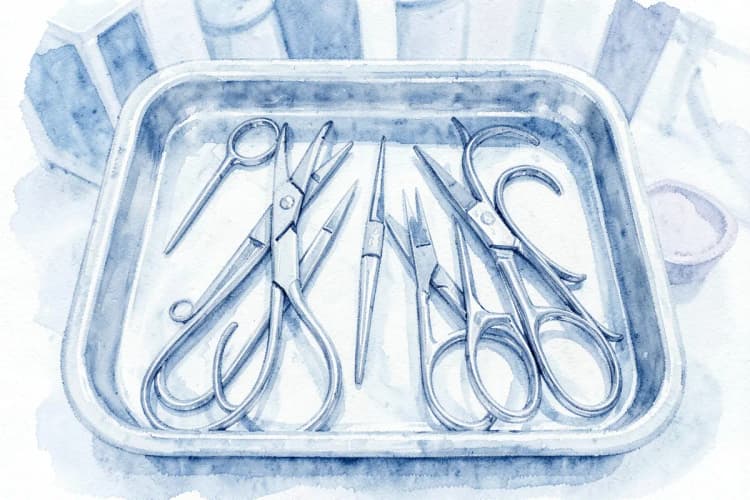 Instrumentos cirúrgicos urológicos organizados em uma bandeja esterilizada