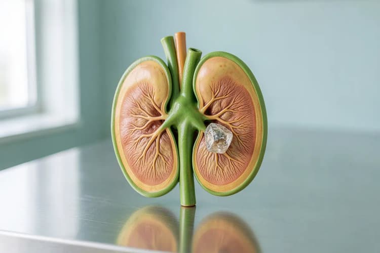 Um rim humano com uma pedra visível em seu interior, destacando a localização do problema.