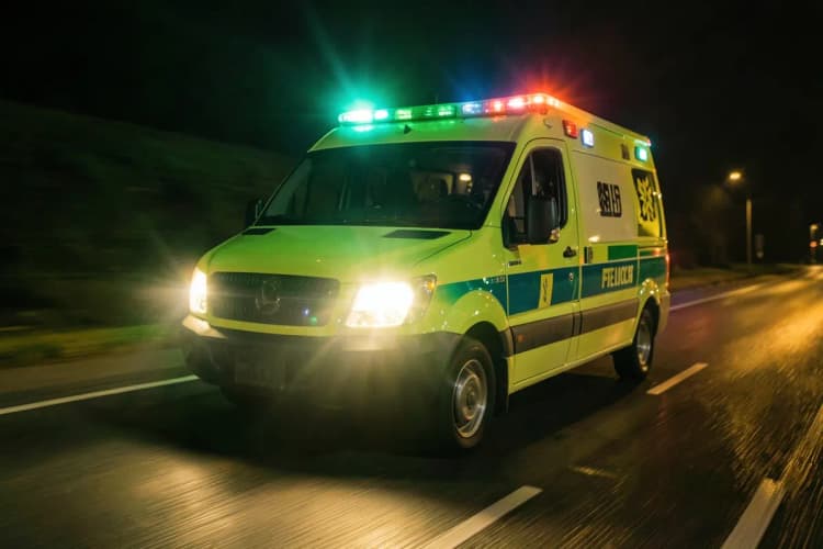 Uma ambulância em movimento com luzes piscando, representando a urgência de buscar ajuda médica.