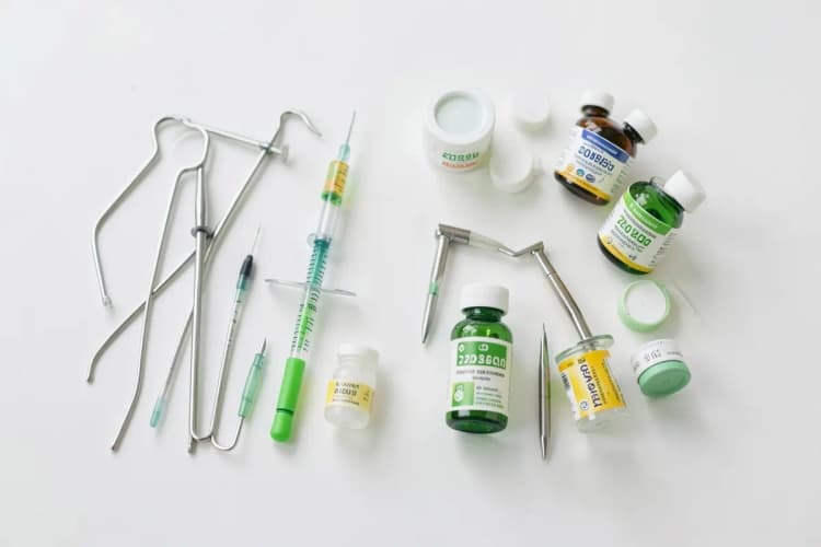 Um conjunto de instrumentos médicos e medicamentos dispostos sobre uma mesa, representando opções de tratamento.