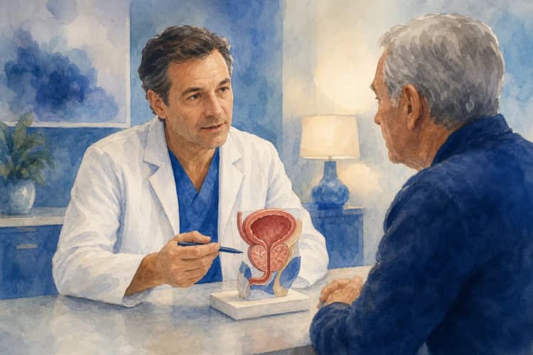 Médico explicando opções de tratamento para um paciente, com um modelo da próstata em uma mesa.