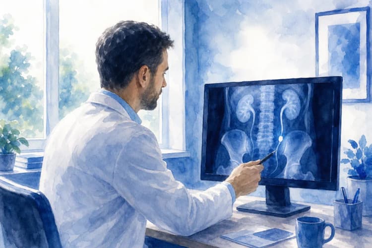 Um médico examinando um raio-x de um cálculo ureteral em uma tela, em um consultório.