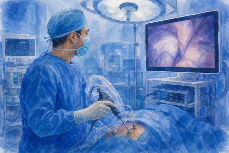 Um urologista realizando um procedimento minimamente invasivo em um paciente, com equipamentos médicos ao redor.