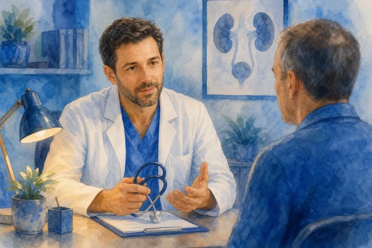 Um médico urologista conversando com um paciente em um consultório médico, com um estetoscópio.