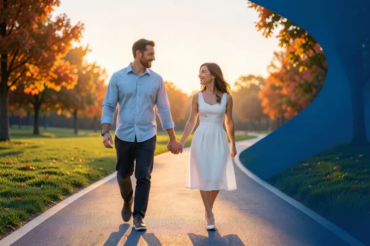 Um casal de mãos dadas, caminhando em um parque ao pôr do sol.