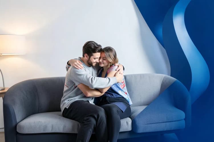 Um casal abraçado em um sofá, com expressões de conforto e apoio mútuo.