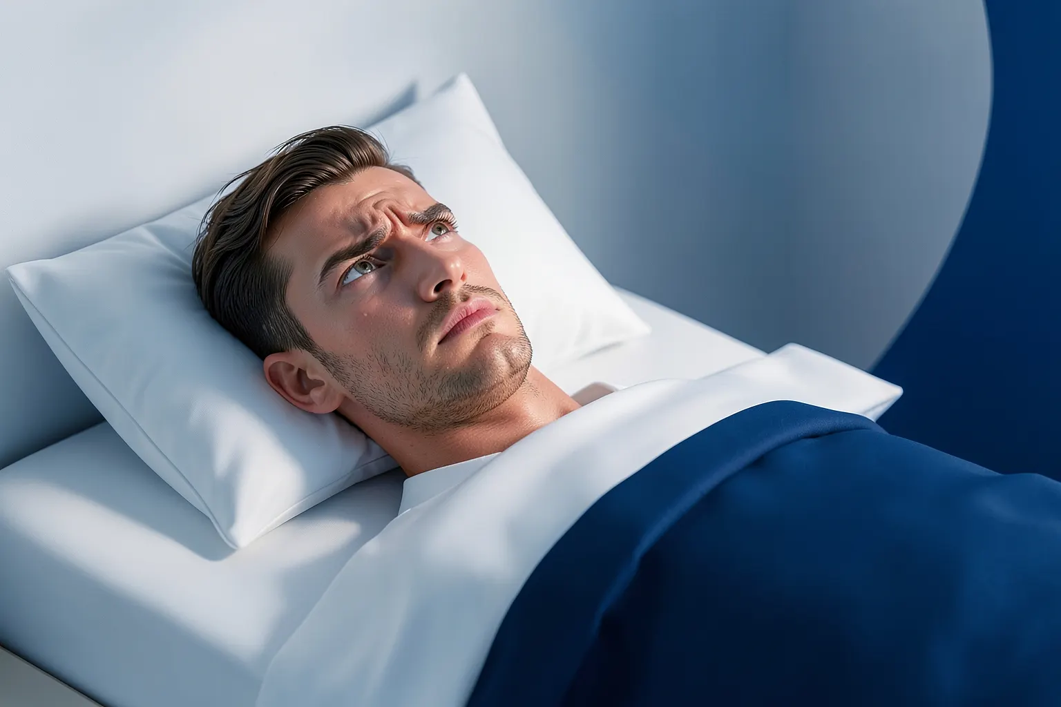 Homem deitado de costas em uma cama, olhando para cima com expressão de preocupação.