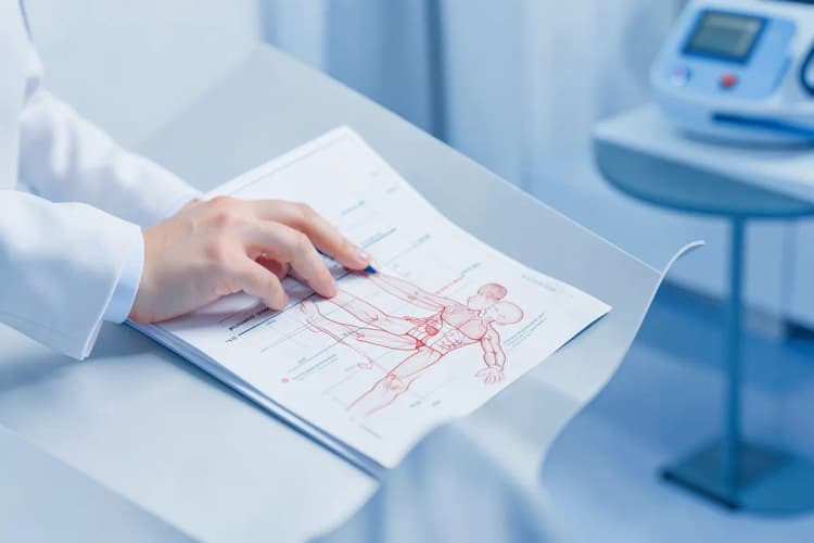 Médico examinando um prontuário de paciente em um consultório.