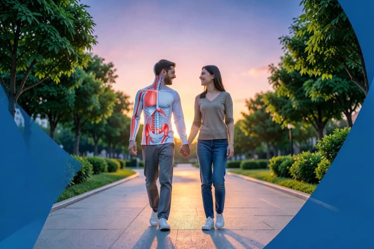 Casal de mãos dadas, caminhando em um parque ao pôr do sol.