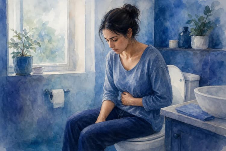 Mulher sentada em um vaso sanitário, com a mão na parte inferior do abdômen.