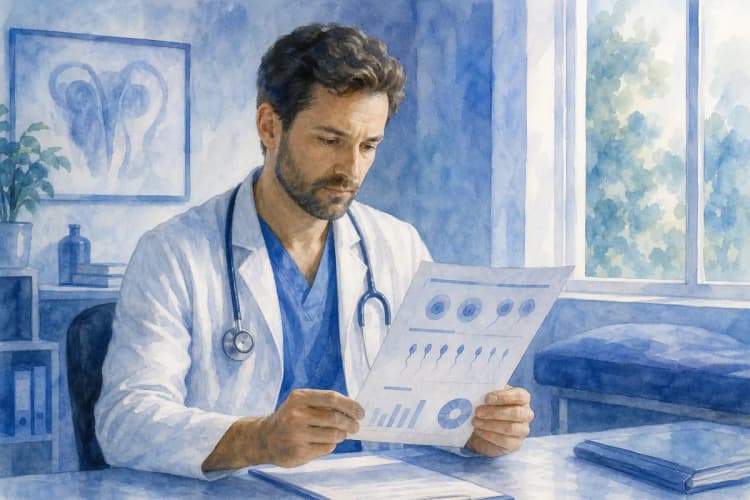 Um médico examinando um gráfico de resultados de exames de fertilidade masculina em um consultório médico.