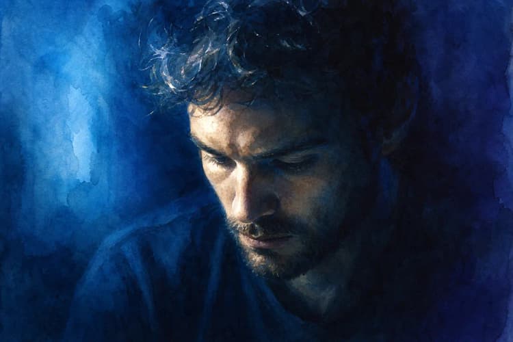 Um homem pensativo em um quarto escuro, com uma única luz iluminando seu rosto, representando a introspecção sobre a infertilidade.