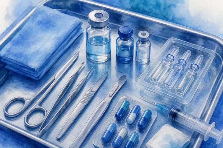 Uma coleção de instrumentos médicos e medicamentos em uma bandeja, simbolizando as opções de tratamento para infertilidade masculina.