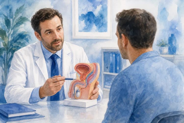 Um urologista conversando com um paciente em seu consultório, mostrando um modelo anatômico do sistema reprodutor masculino.