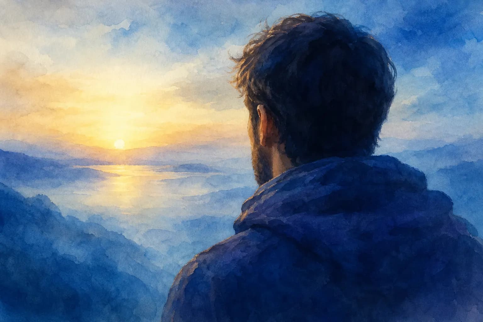 Um homem de costas, olhando para um horizonte nebuloso com o sol nascendo, simbolizando a incerteza sobre a fertilidade.
