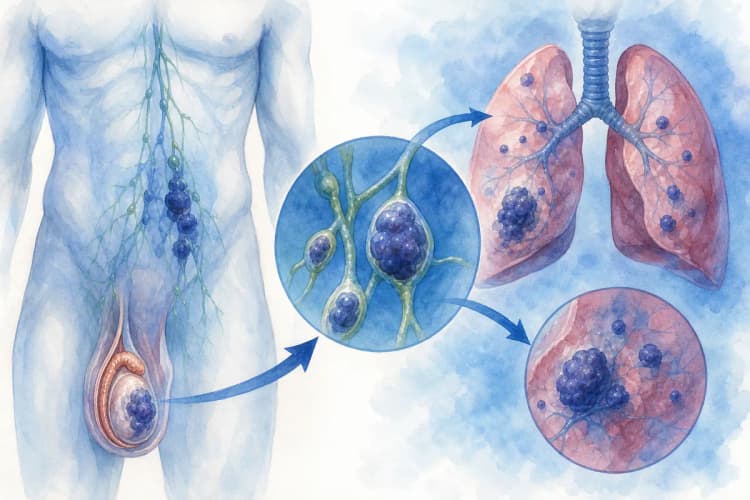 Uma ilustração médica mostrando a metástase do câncer de testículo para outras partes do corpo, como linfonodos e pulmões.
