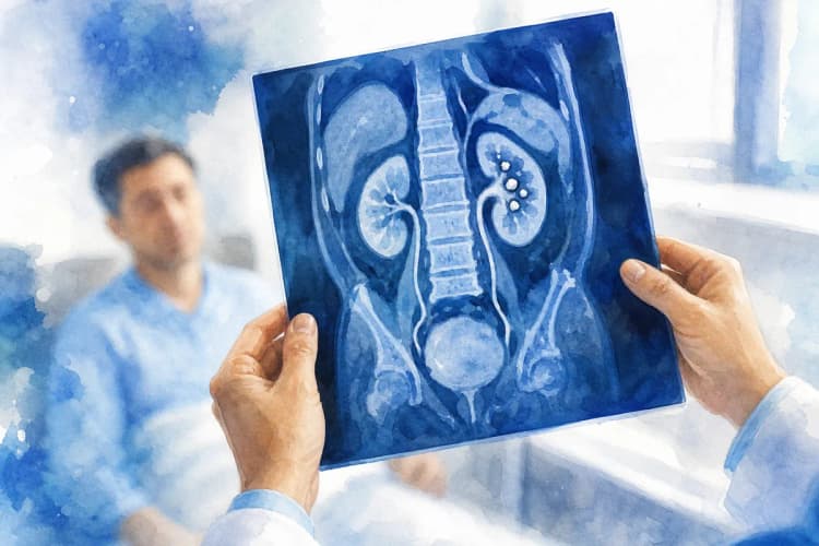 Um médico examinando um exame de imagem de um rim com pedras.