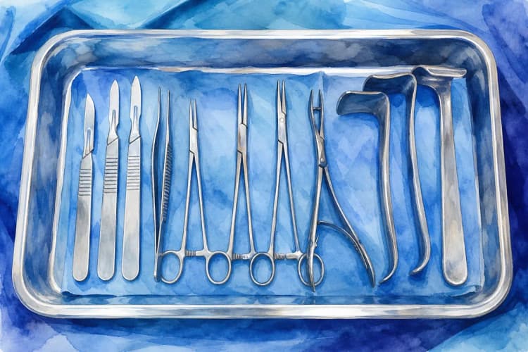 Instrumentos cirúrgicos organizados em uma bandeja esterilizada.