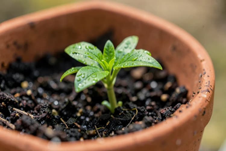 Um pequeno broto de planta verde emergindo da terra escura em um vaso de terracota, com gotas de água nas folhas.