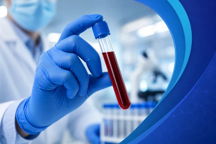 Um tubo de ensaio com sangue sendo segurado por um técnico de laboratório para exame de PSA.