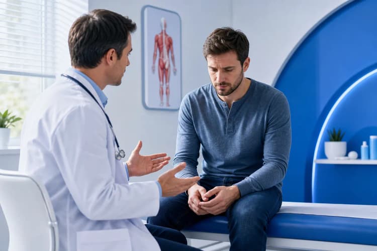 Um paciente preocupado conversando com um médico sobre resultados de exames em um consultório.