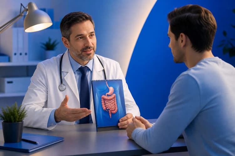 Um médico explicando opções de tratamento para um paciente em um consultório médico.