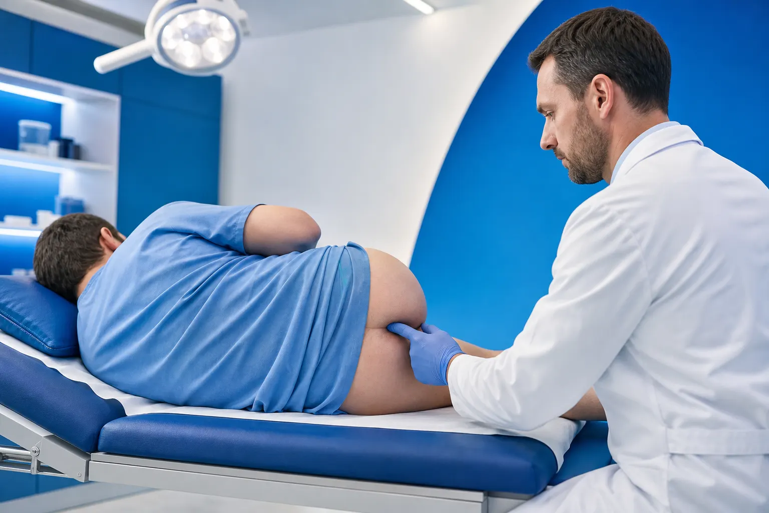 Um médico urologista examinando a próstata de um paciente com um dedo, em um consultório médico.