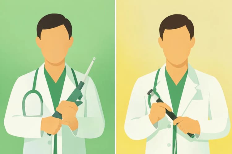 Ilustração comparando um urologista e um proctologista com seus instrumentos médicos.