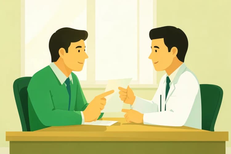 Paciente em consulta médica com um urologista, discutindo resultados de exames.