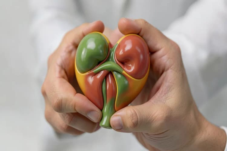 Close-up de um médico segurando um modelo anatômico da próstata.