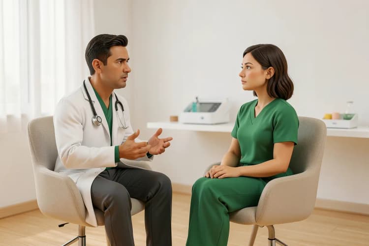 Médico conversando com paciente em consultório, ambos com expressões sérias.