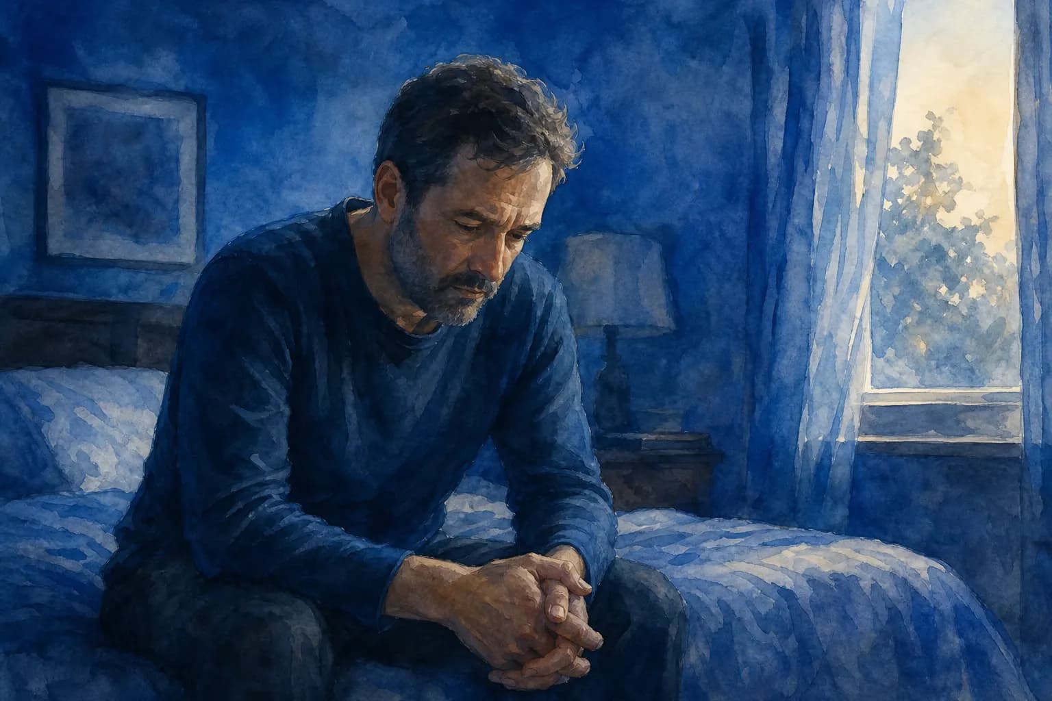 Homem de meia-idade com expressão preocupada olhando para baixo, em um quarto com pouca luz.