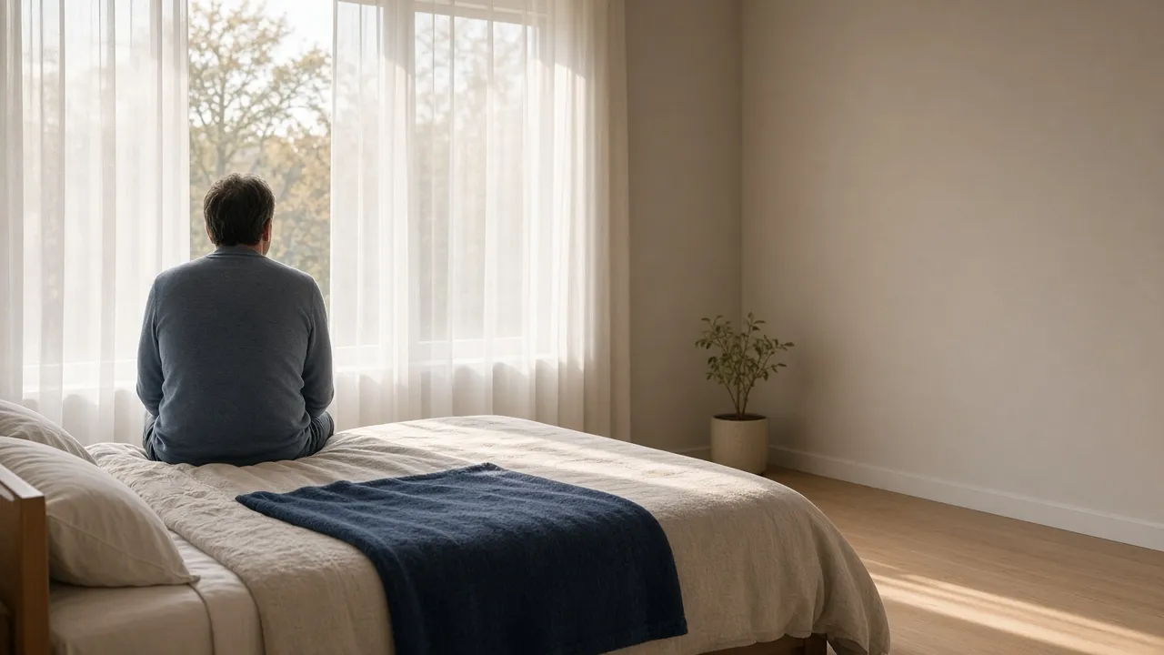 Homem de meia-idade, de costas, sentado na beira da cama olhando pela janela em um quarto iluminado pela manhã (imagem ilustrativa)