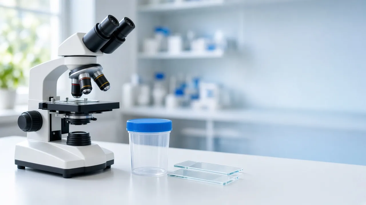 Microscópio, frasco coletor estéril e lâminas de vidro sobre bancada de laboratório clara (imagem ilustrativa)